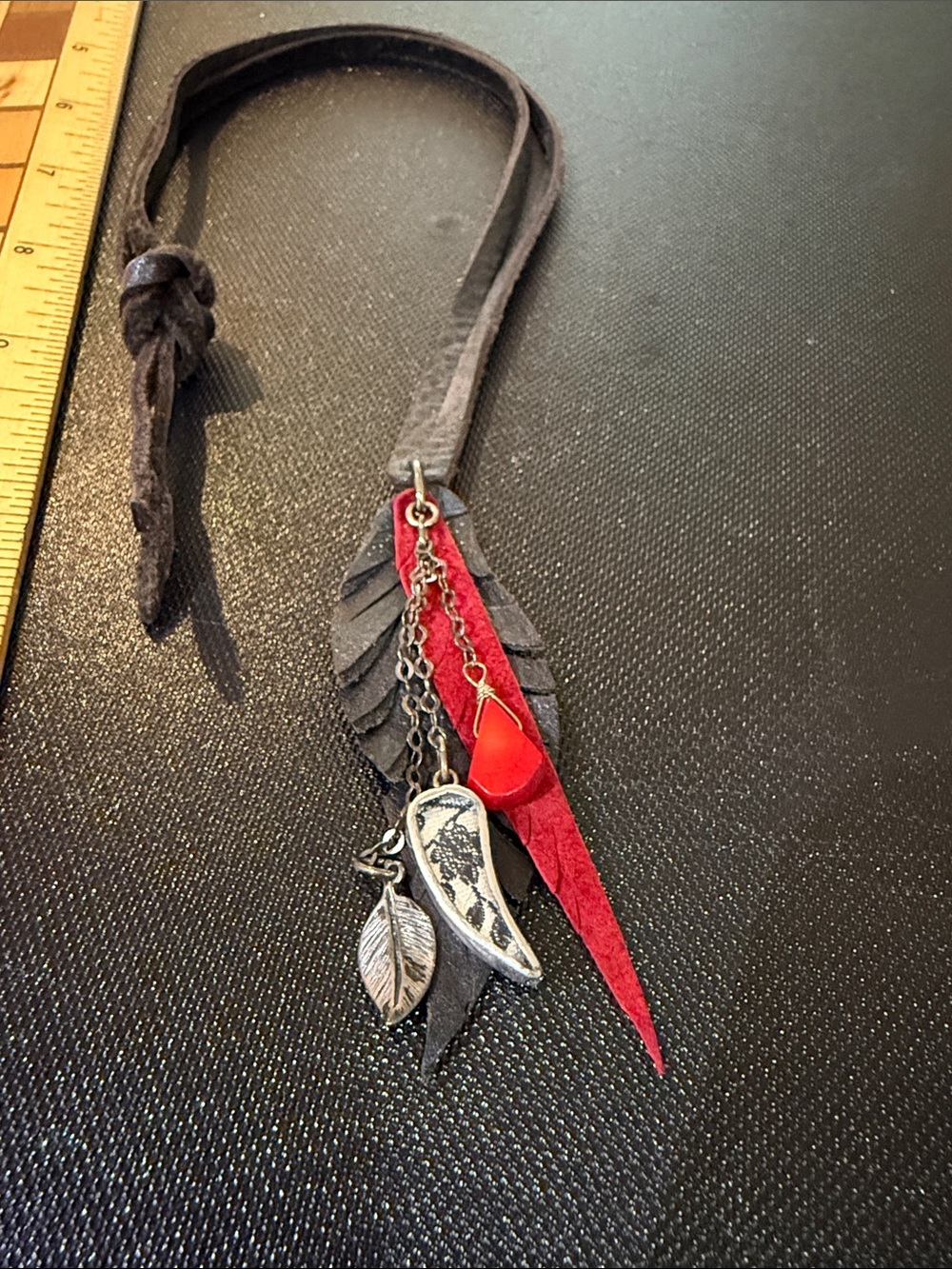 Boho Leather Feather Charm Necklace with Red Suede Accent